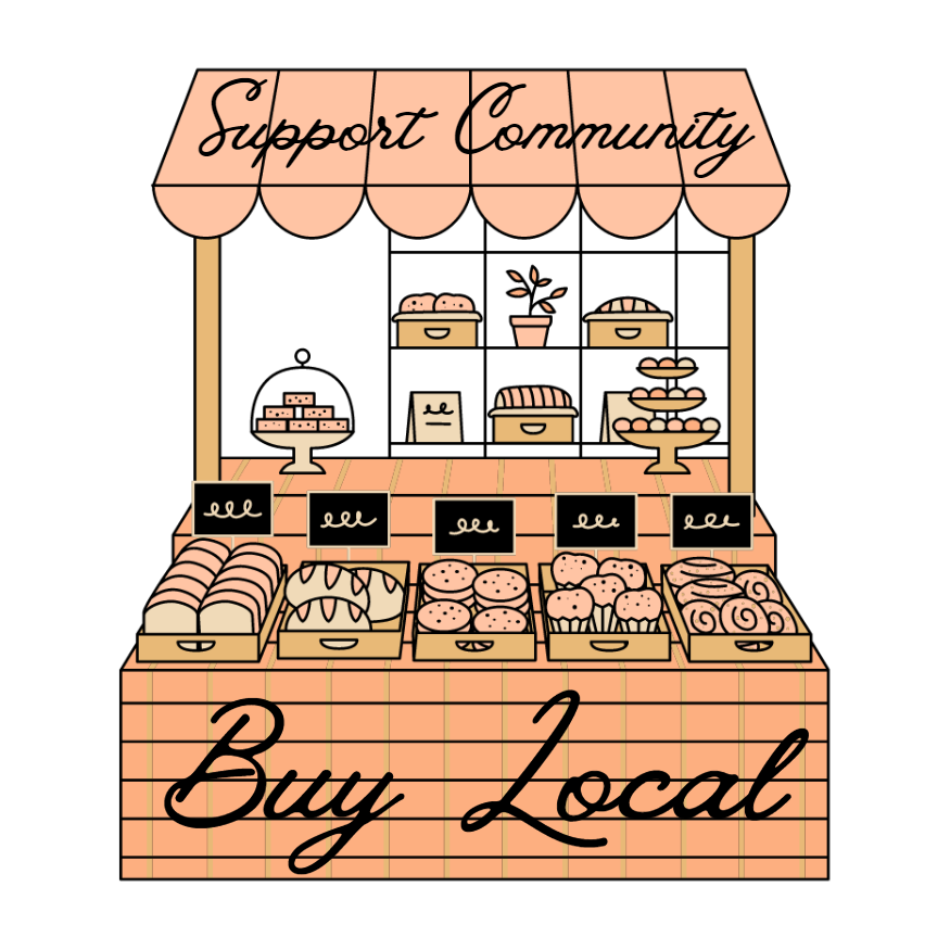 illustration of a bakery stall promoting buying locally